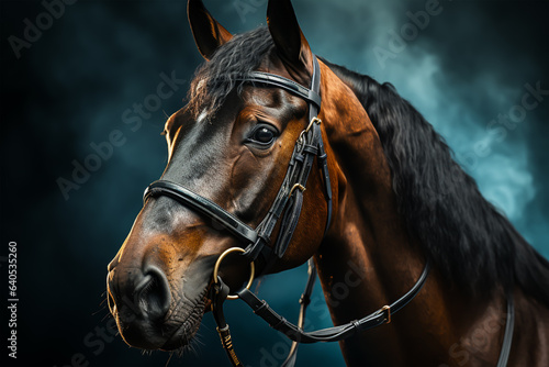 Beautiful horse portrait on a dark background. Generative ai