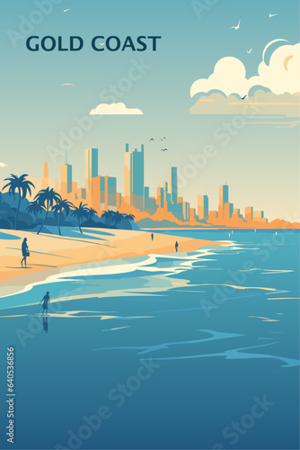 Fotobehang Australia Gold Coast city skyline poster with abstract shapes of landmarks and coastline