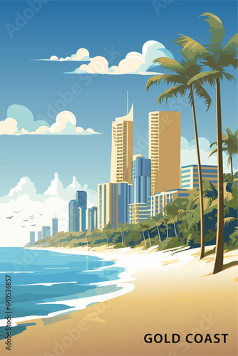 Australia Gold Coast city skyline poster with abstract shapes of landmarks and coastline. Vintage travel Queensland australian beach with cityscape vector illustration