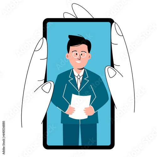 watching news broadcast anchor man hand hold device smart phone screen line art illustration flat