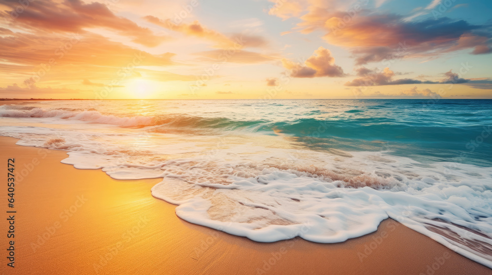 Beautiful tropical beach seascape at sunrise - obrazy, fototapety, plakaty 