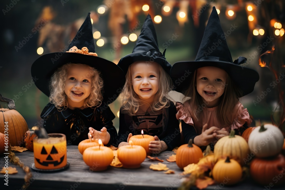 Fototapeta premium Kids at halloween party A group of children dressed up for a halloween party