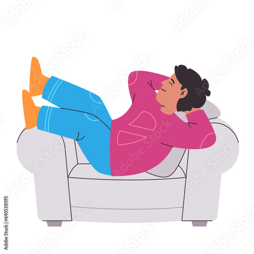 Man lying lazy resting sleeping in sofa couch relax casual you man colorful clothes vector flat illustration
