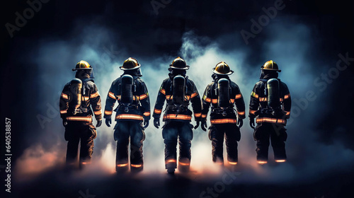 Firemans wearing firefighter turnouts and helmet. Dark background with smoke and blue light. photo