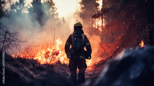 Firemans wearing firefighter turnouts and helmet. Dark background with smoke and blue light.