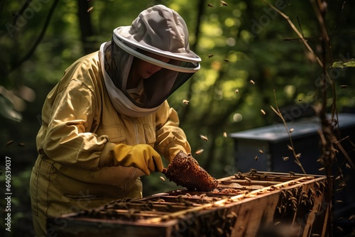 beekeeper care of bee apiary. natural honey. generative ai.