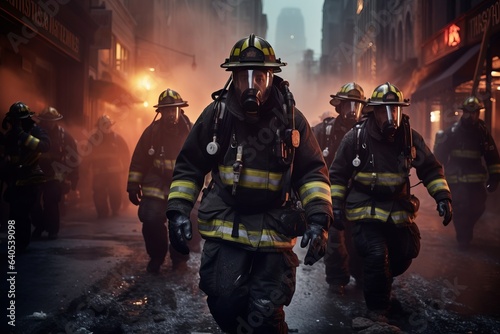 Firefighters are walking in the city near the fire. Catastrophe. generative ai.