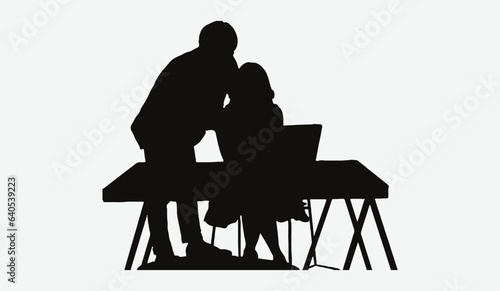 Innovative Learning, Silhouette of a Boy Explaining Work to a Girl at a Computer Desk - Educational Concept