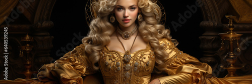 Blondes Hübsches Model im Fashion Queen Look Gold mit schönen Hintergund und hellen Gegenlicht im Querformat für Banner, ai generativ