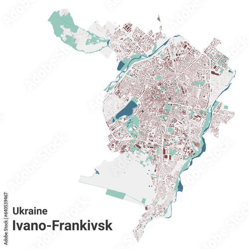 Ivano-Frankivsk map, oblast center city in Ukraine. Municipal administrative area map with buildings, rivers and roads, parks and railways.
