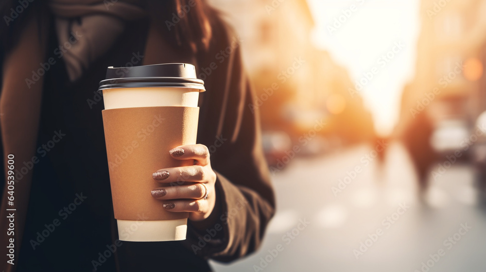 Female hand with paper cup of coffee take away. Female hand with paper cup of coffee take away.