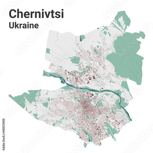 Chernivtsi map, oblast center city in Ukraine. Municipal administrative area map with buildings, rivers and roads, parks and railways.