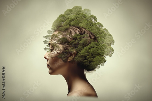 Double exposure of young beautiful woman's head and green tree of life.