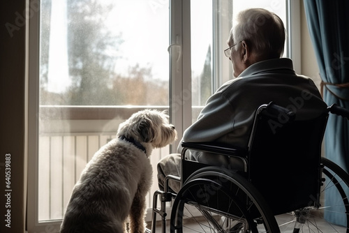 Lonely elderly senior person in wheelchair in nursing home, sitting by the window with his dog. © erika8213
