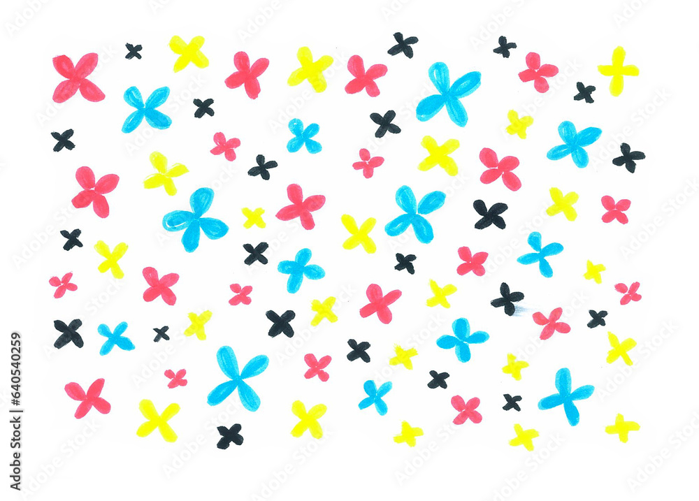 A pattern of different colored flowers on a white background. Larger and smaller in size. They consist of four petals. Blue, pink, yellow, black CMYK colors. A pattern of different colored flowers on a white background. Larger and smaller in size. They consist of four petals. Blue, pink, yellow, black CMYK colors.