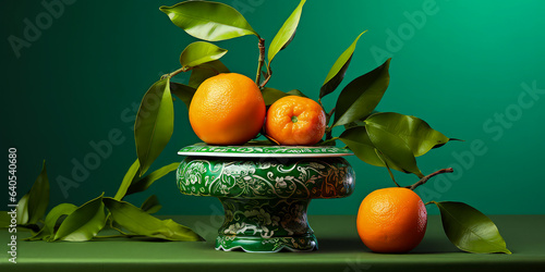 Close up  tangerines, oranges on green background. Juicy citrus fruits.  Still Life. Macro shoot. Christmas and New Year mockup, template. Generative ai