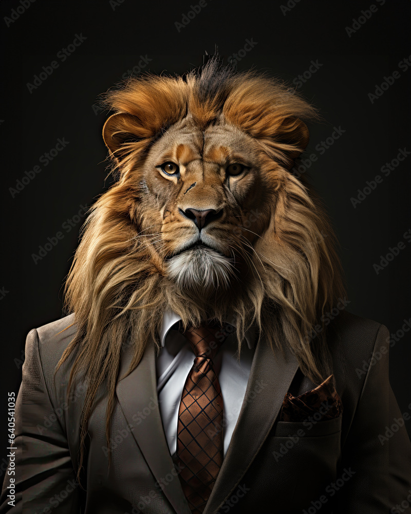 a smart lion wearing dark business suit a smart lion wearing dark business suit
