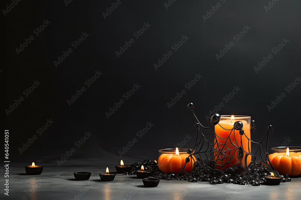 Happy Halloween day with minimal decor design for party with pumpkins and candles, with copy space.