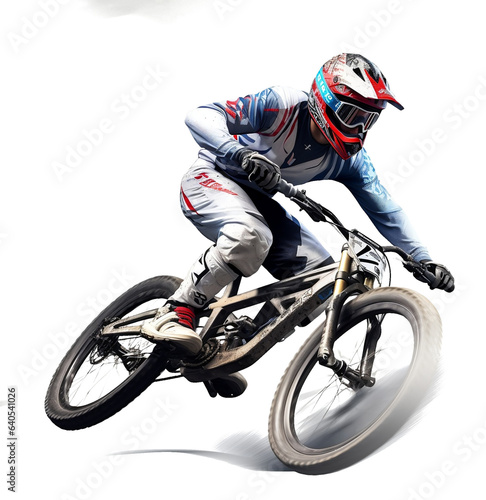 Downhill bike racer on transparent background, extreme sport concept