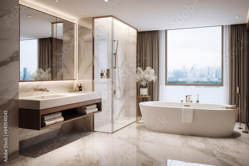 Modern style of marble bathroom interior decorate with bathtub, mirror and sink, minimal decor concept.