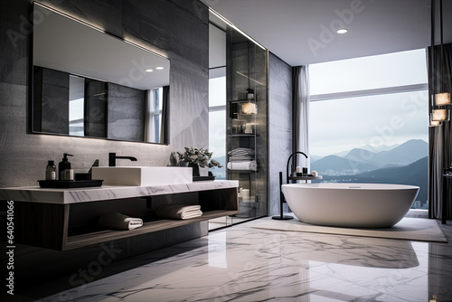 Modern style of marble bathroom interior decorate with bathtub, mirror and sink, minimal decor concept. © TANATPON
