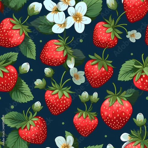 Seamless pattern with strawberries and flowers on dark blue background