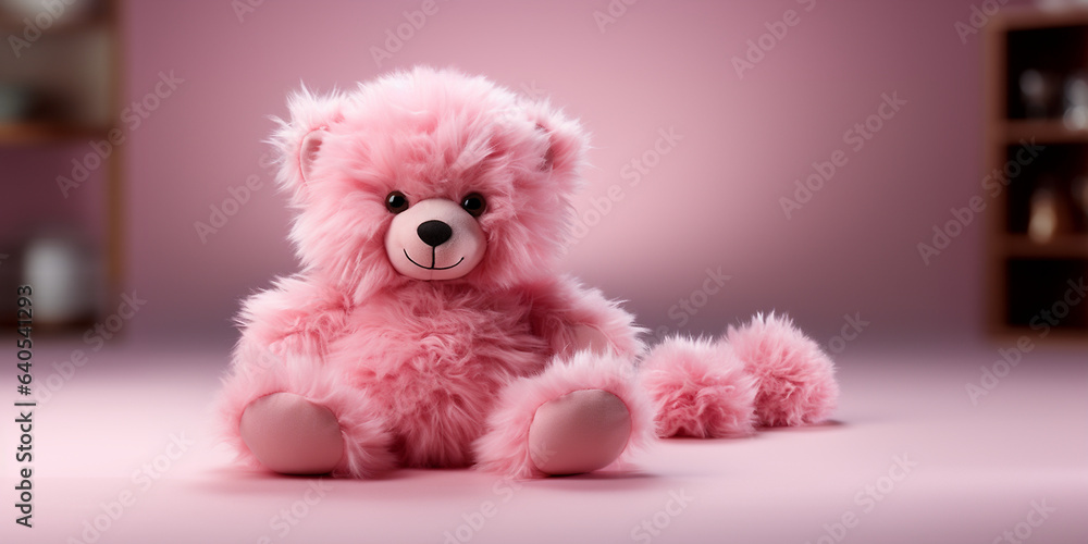Süsser rosa flauschiger Teddybär mit schönem Gesicht und farbigen Hintergrund Nahaufnahme als Druckvorlage für Banner, ai generativ Süsser rosa flauschiger Teddybär mit schönem Gesicht und farbigen Hintergrund Nahaufnahme als Druckvorlage für Banner, ai generativ