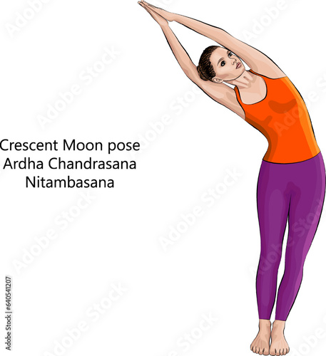Young woman practicing yoga exercise, doing Crescent Moon pose or Half Moon pose. Ardha Chandrasana or Nitambasana. Standing and Lateral Bend. Intermediate. Isolated vector illustration.