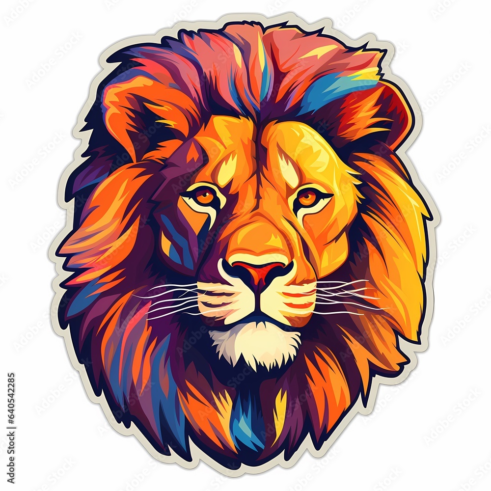 Colored Lion Head Sticker. Black Borderline, Vector
