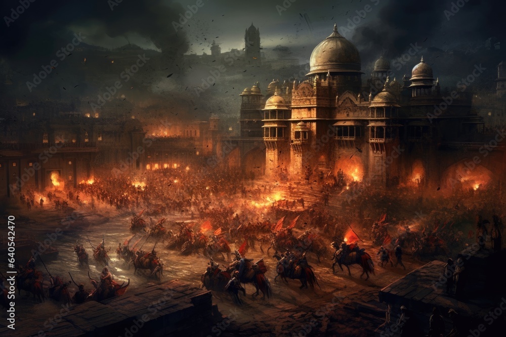 Obraz premium Storming of medieval castle fortress siege of city chaos 