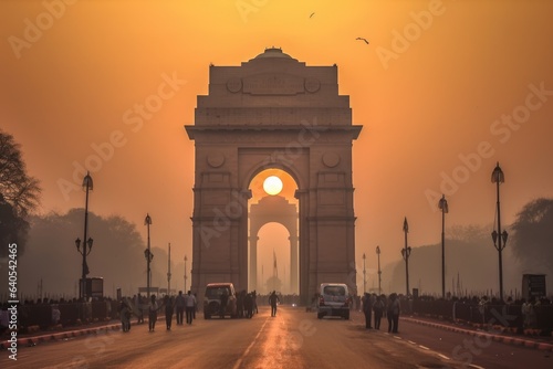 Famous india gate landmark of delhi india at sunrise photo