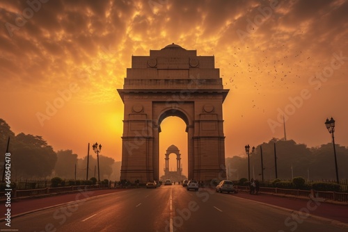 India gate at sunrise, famous landmark of new dehli, no people. photo