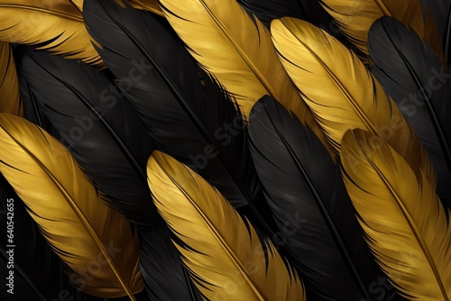 Luxurious Plumes Wallpaper - High Resolution Display of Black and Gold Feathers - Creating a Mesmerizing 3D Style Backdrop - Black and Gold Feathers Background created with Generative AI Technology