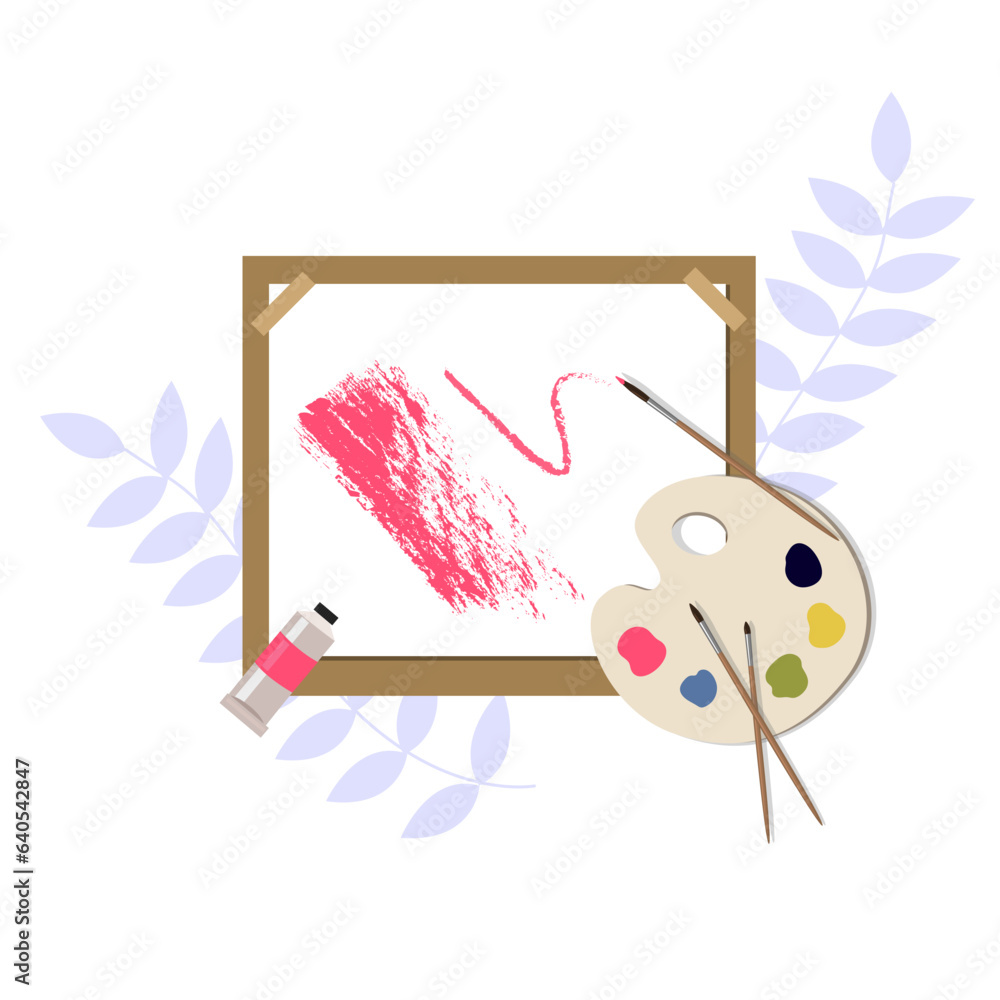 Vector tablet with paper, brushes, paint in tubes and palet. Painter equipment. Great element for your design. Workplace, set of tools, hobby concept. Vector tablet with paper, brushes, paint in tubes and palet. Painter equipment. Great element for your design. Workplace, set of tools, hobby concept.