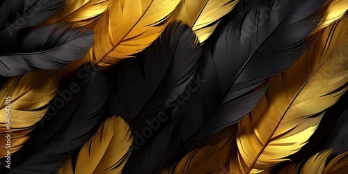 Luxurious Plumes Wallpaper - High Resolution Display of Black and Gold Feathers - Creating a Mesmerizing 3D Style Backdrop - Black and Gold Feathers Background created with Generative AI Technology