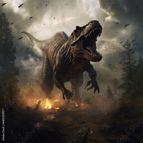 Dinosaur (T-Rex) Tyrannosaurus running and hunting in the woods. Created by AI © sangmyeong