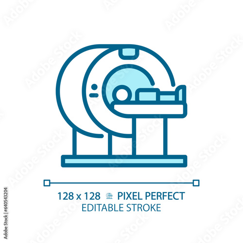 Mri machine pixel perfect light blue icon. Computed tomography. Medical scanner. Healthcare technology. RGB color sign. Simple design. Web symbol. Contour line. Flat illustration. Isolated object