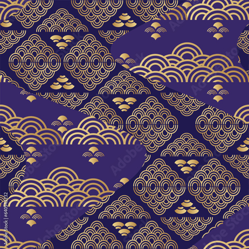 Traditional Japanese Seamless Pattern Background Fabric Patchwork with Waves, Sakura flowers, Chrysanthemum, Japan Style Icon Set Vector art vintage illustration for covers, packages, clothing, kimono
