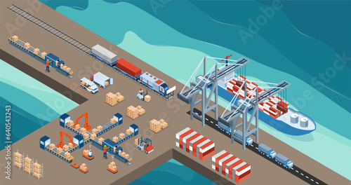 Maritime transport logistics with Steel Container Loading on Industrial Ship by Crane and Warehouse Work Process. vector illustration eps10