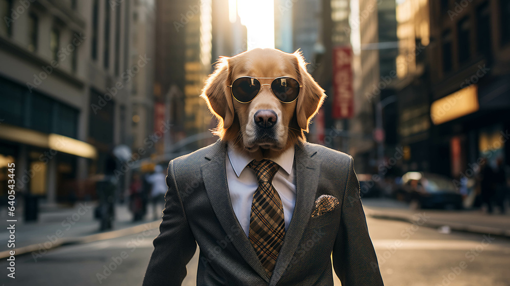 Dog wearing a suit in the big city: