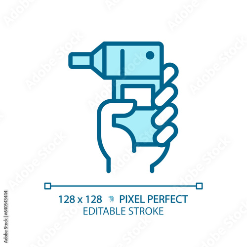 Spirometer pixel perfect light blue icon. Breathing exercise. Respiratory disease. Medical device. RGB color sign. Simple design. Web symbol. Contour line. Flat illustration. Isolated object