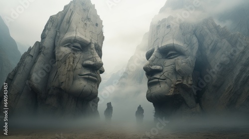 Eroded statues merging into mountains over eons   generative ai