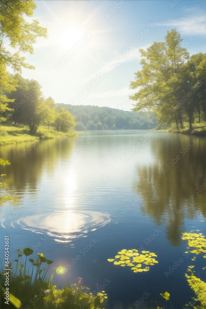 A bright summer day, with the sun shining down on a peaceful lake by Generative AI