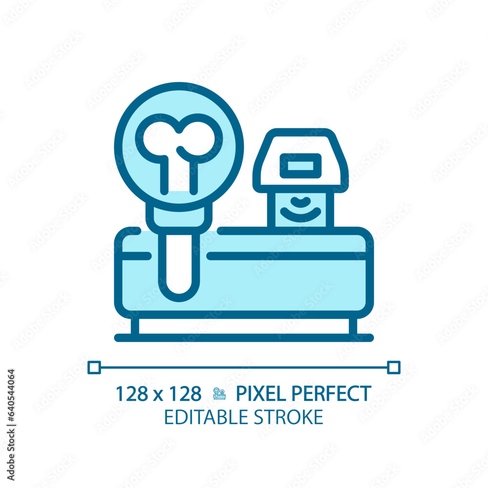 Bone densitometer pixel perfect light blue icon. Medical scan. X ray technology. Health assessment. RGB color sign. Simple design. Web symbol. Contour line. Flat illustration. Isolated object Bone densitometer pixel perfect light blue icon. Medical scan. X ray technology. Health assessment. RGB color sign. Simple design. Web symbol. Contour line. Flat illustration. Isolated object