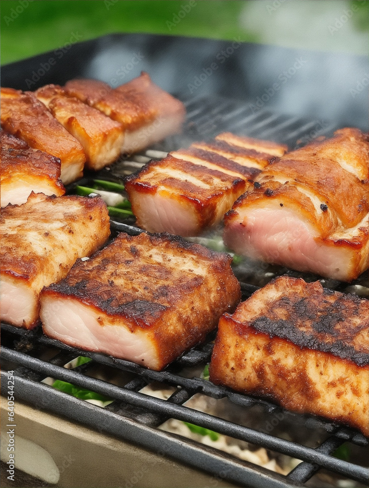 Pork belly grilling on flaming grill by Generative AI