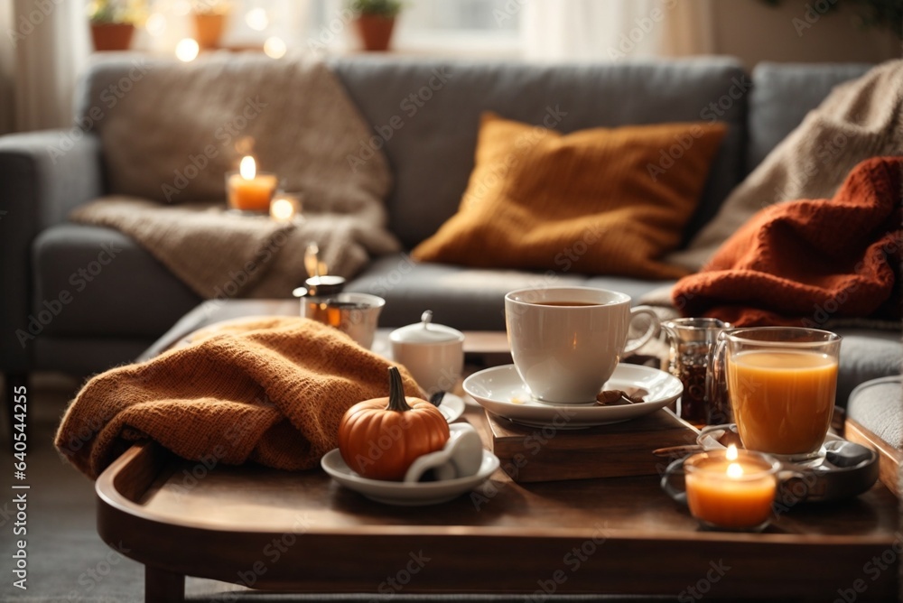 Cozy autumn composition with cup of hot drink on wooden tray. Cozy home interior