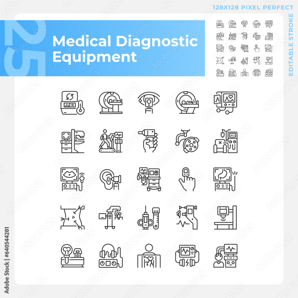 Medical diagnostic equipment pixel perfect linear icons set. Advanced technology. Clinical testing. Customizable thin line symbols. Isolated vector outline illustrations. Editable stroke