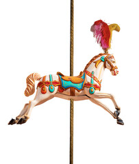 Close-up of a plastic horse of a carousel horses or merry-go-round (supported by a pole and with feathers on the head), isolated on white or transparent background. Italy, Europe. Png.