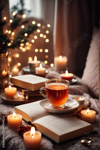 Cozy autumn composition with cup of hot drink on wooden tray. Cozy home interior