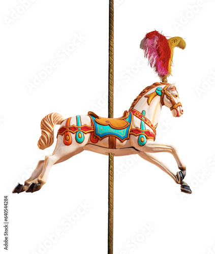 Close-up of a plastic horse of a carousel horses or merry-go-round (supported by a pole and with feathers on the head), isolated on white or transparent background. Italy, Europe. Png.